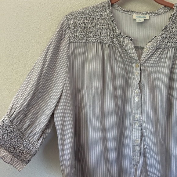 Sundance Marianna Stripe Top Large Gray White Henley Smocked Ruffle Button Up - Picture 5 of 11